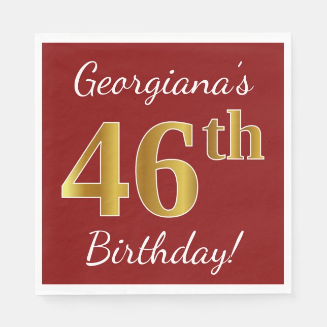 Red, Faux Gold 46th Birthday + Custom Name Napkin (Front)