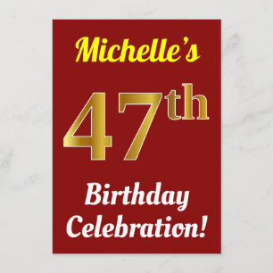 Red, Faux Gold 47th Birthday Celebration + Name Invitation