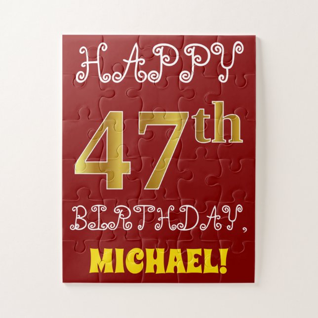 Red, Faux Gold 47th Birthday + Custom Name Puzzle (Vertical)