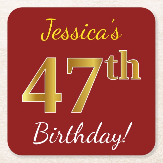 Red, Faux Gold 47th Birthday + Custom Name Square Paper Coaster (Front)
