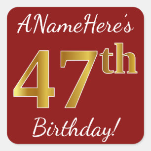 Red, Faux Gold 47th Birthday + Custom Name Sticker