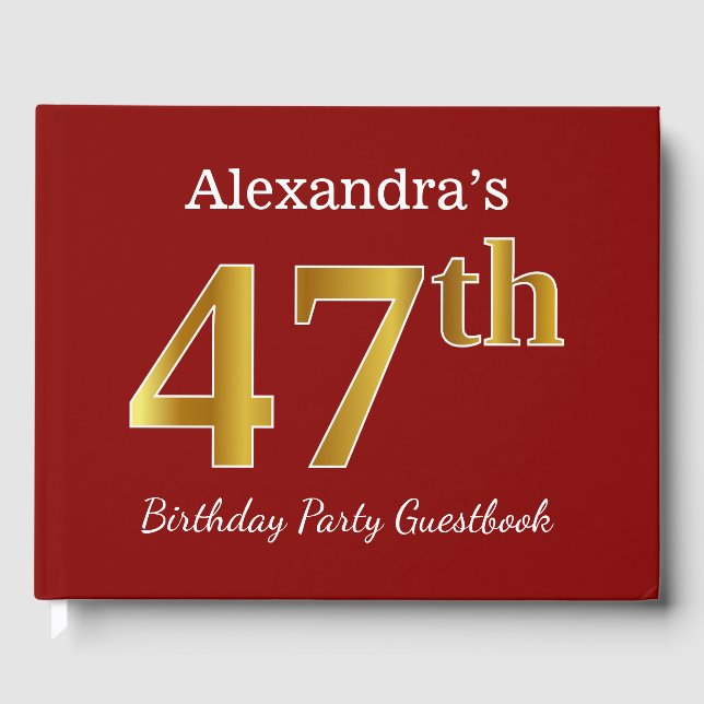 Red, Faux Gold 47th Birthday Party + Custom Name Guest Book (Front)