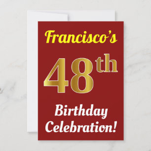 Red, Faux Gold 48th Birthday Celebration + Name Invitation