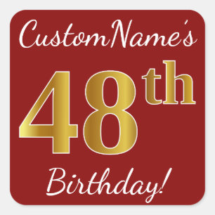 Red, Faux Gold 48th Birthday + Custom Name Sticker
