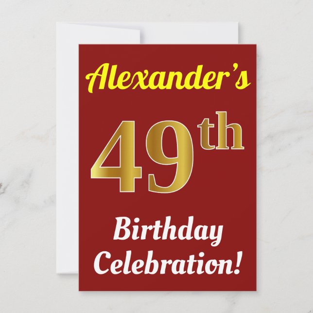 Red, Faux Gold 49th Birthday Celebration + Name Invitation (Front)