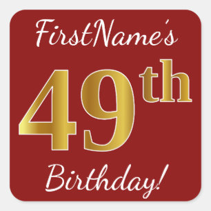 Red, Faux Gold 49th Birthday + Custom Name Sticker