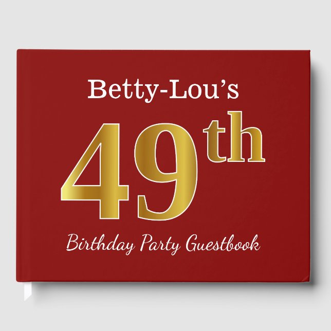 Red, Faux Gold 49th Birthday Party + Custom Name Guest Book (Front)