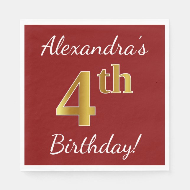 Red, Faux Gold 4th Birthday + Custom Name Napkin (Front)