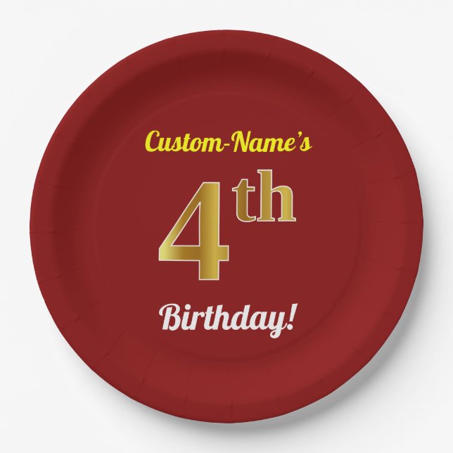 Red, Faux Gold 4th Birthday + Custom Name Paper Plate (Front)