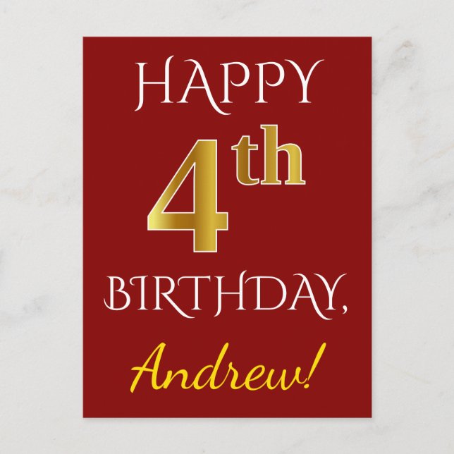 Red, Faux Gold 4th Birthday + Custom Name Postcard (Front)