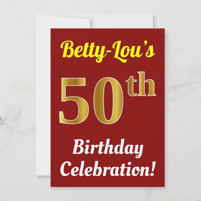 Red, Faux Gold 50th Birthday Celebration + Name Invitation (Front)
