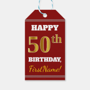 Red, Faux Gold 50th Birthday + Custom Name Gift Tags