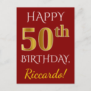 Red, Faux Gold 50th Birthday + Custom Name Postcard