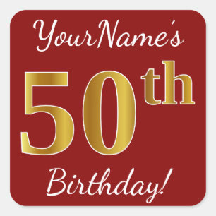 Red, Faux Gold 50th Birthday + Custom Name Sticker