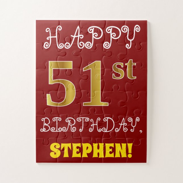Red, Faux Gold 51st Birthday + Custom Name Puzzle (Vertical)
