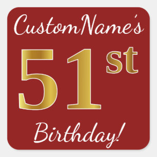 Red, Faux Gold 51st Birthday + Custom Name Sticker