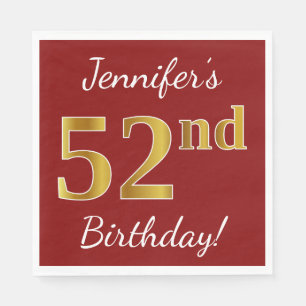 Red, Faux Gold 52nd Birthday + Custom Name Napkin