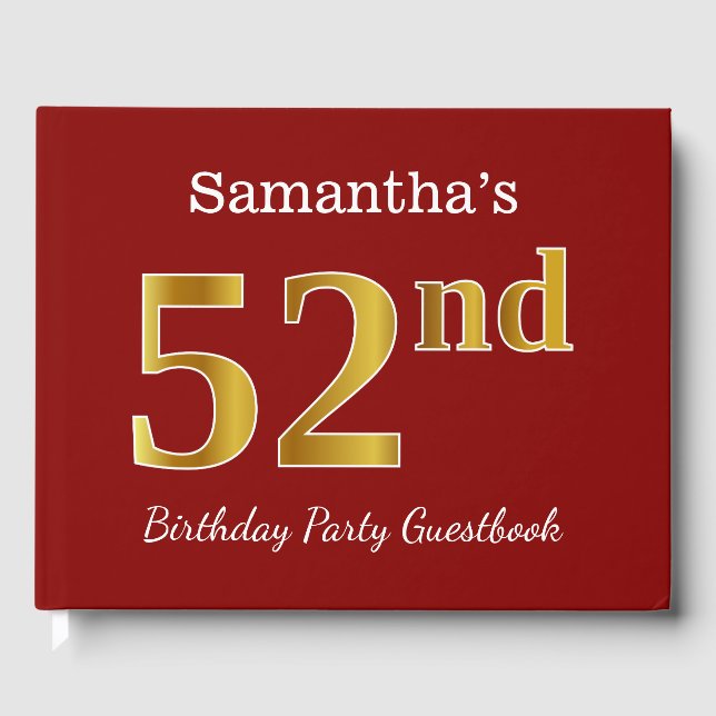 Red, Faux Gold 52nd Birthday Party + Custom Name Guest Book (Front)