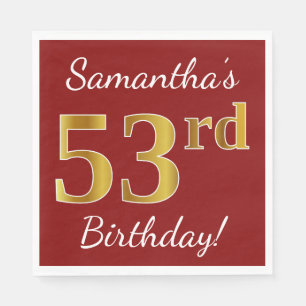 Red, Faux Gold 53rd Birthday + Custom Name Napkin