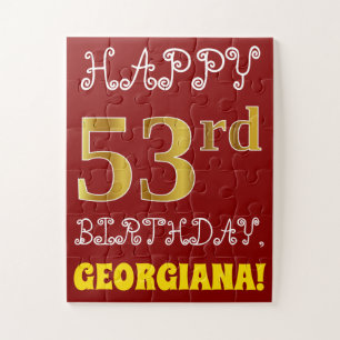 Red, Faux Gold 53rd Birthday + Custom Name Puzzle
