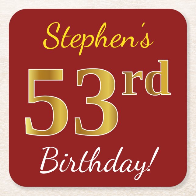 Red, Faux Gold 53rd Birthday + Custom Name Square Paper Coaster (Front)