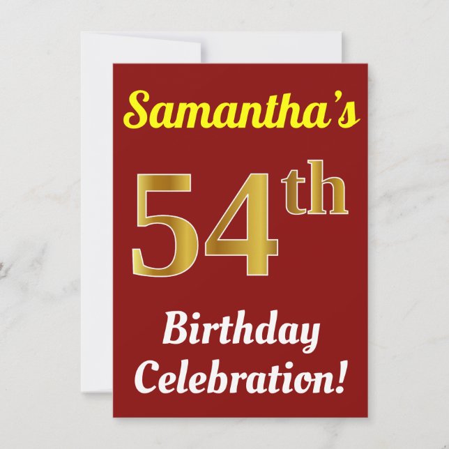Red, Faux Gold 54th Birthday Celebration + Name Invitation (Front)