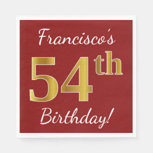 Red, Faux Gold 54th Birthday + Custom Name Napkin