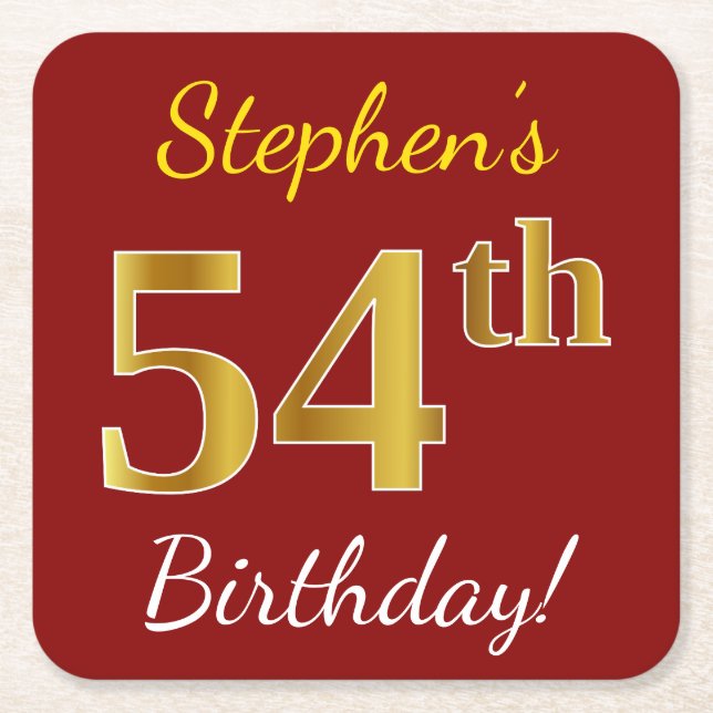 Red, Faux Gold 54th Birthday + Custom Name Square Paper Coaster (Front)
