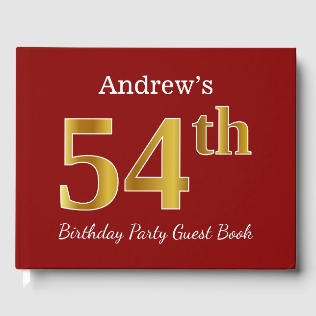 Red, Faux Gold 54th Birthday Party + Custom Name Guest Book (Front)