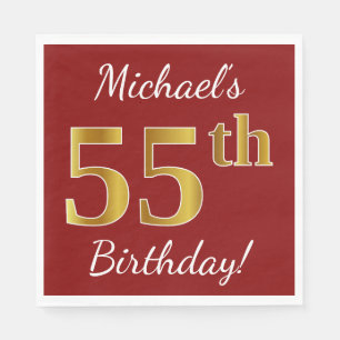Red, Faux Gold 55th Birthday + Custom Name Napkin