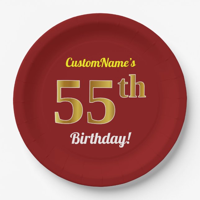Red, Faux Gold 55th Birthday + Custom Name Paper Plate (Front)