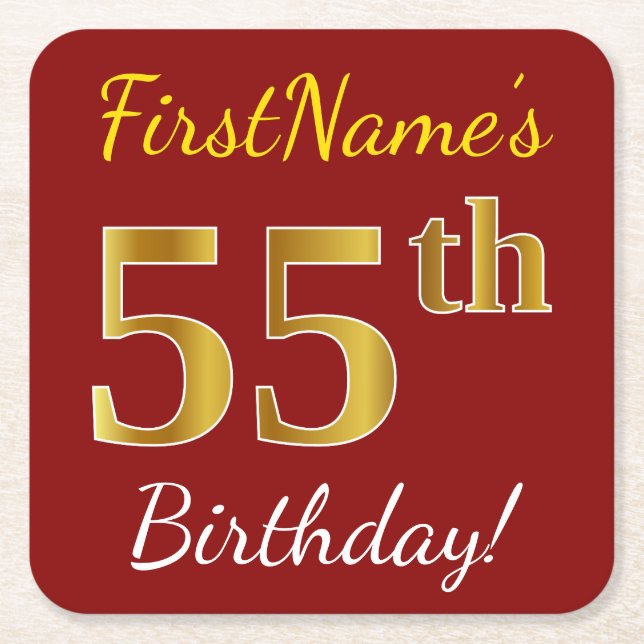 Red, Faux Gold 55th Birthday + Custom Name Square Paper Coaster (Front)