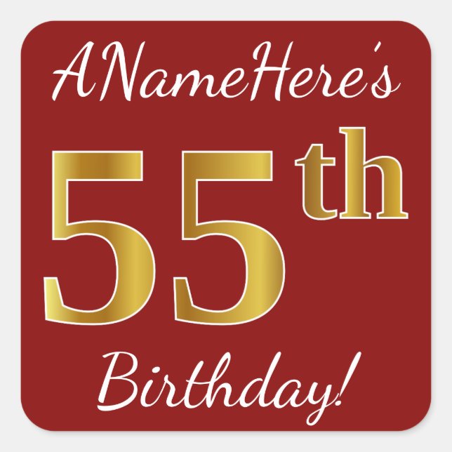 Red, Faux Gold 55th Birthday + Custom Name Sticker (Front)
