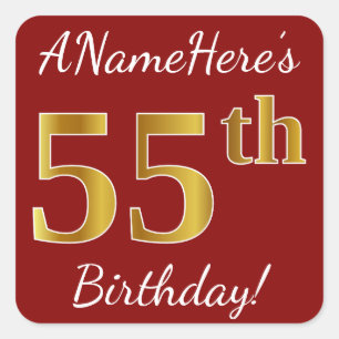 Red, Faux Gold 55th Birthday + Custom Name Sticker
