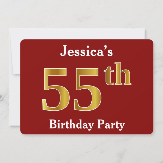 Red, Faux Gold 55th Birthday Party + Custom Name Invitation (Front)