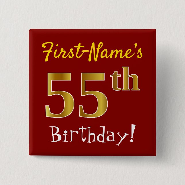 Red, Faux Gold 55th Birthday, With Custom Name 15 Cm Square Badge (Front)