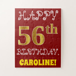 Red, Faux Gold 56th Birthday + Custom Name Puzzle