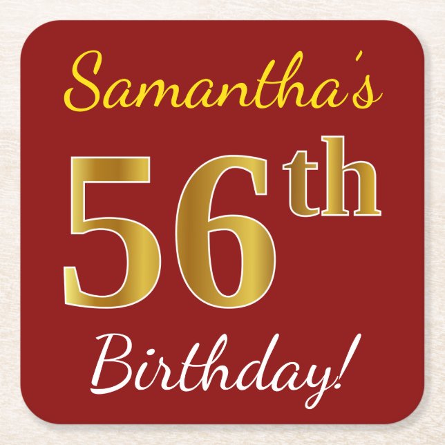 Red, Faux Gold 56th Birthday + Custom Name Square Paper Coaster (Front)