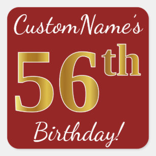 Red, Faux Gold 56th Birthday + Custom Name Sticker