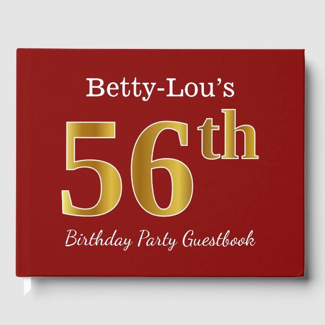 Red, Faux Gold 56th Birthday Party + Custom Name Guest Book (Front)