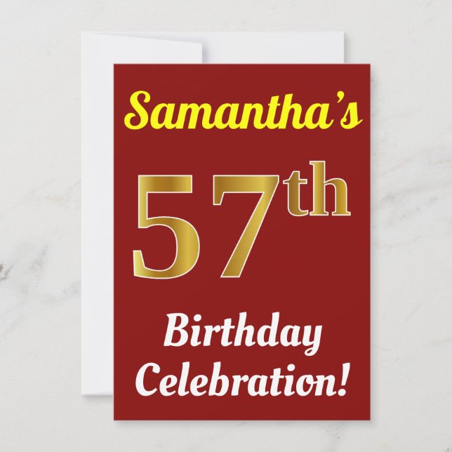 Red, Faux Gold 57th Birthday Celebration + Name Invitation (Front)