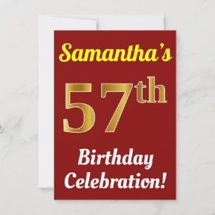 Red, Faux Gold 57th Birthday Celebration + Name Invitation