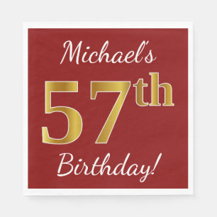 Red, Faux Gold 57th Birthday + Custom Name Napkin