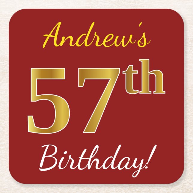 Red, Faux Gold 57th Birthday + Custom Name Square Paper Coaster (Front)