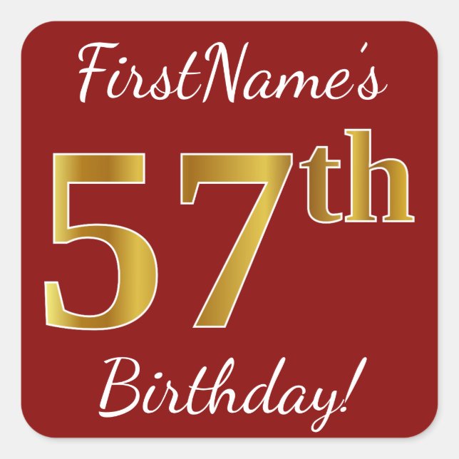 Red, Faux Gold 57th Birthday + Custom Name Sticker (Front)