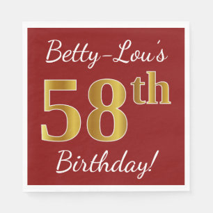Red, Faux Gold 58th Birthday + Custom Name Napkin