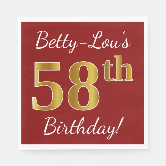 Red, Faux Gold 58th Birthday + Custom Name Napkin (Front)