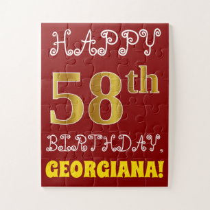 Red, Faux Gold 58th Birthday + Custom Name Puzzle