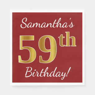 Red, Faux Gold 59th Birthday + Custom Name Napkin