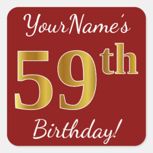Red, Faux Gold 59th Birthday + Custom Name Sticker